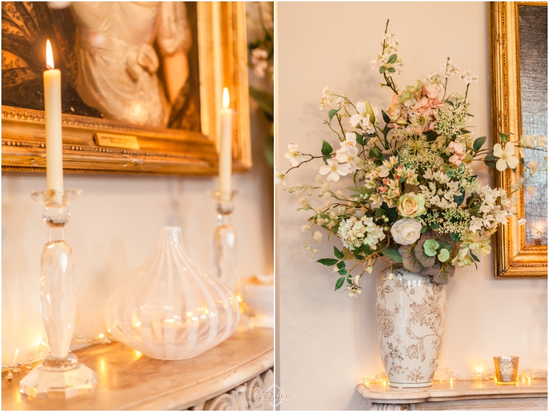 Iscoyd-Park-Private-wedding-venue-shropshire-interior-image-of-romantic-candles-and-exquisite-vase-of-flowers-on-fire-place-photographer