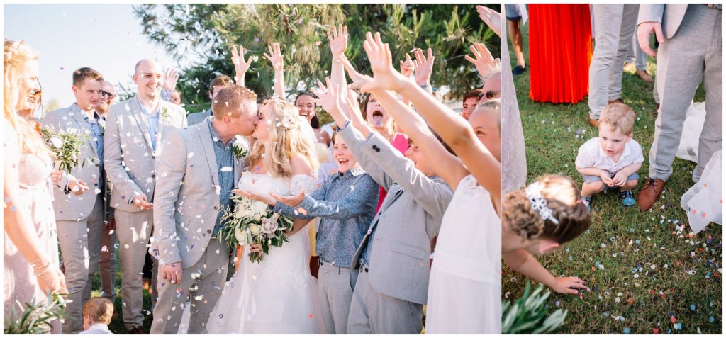 A relaxed beach club destination wedding in Zakynthos, Greece with biodegradable colourful confetti