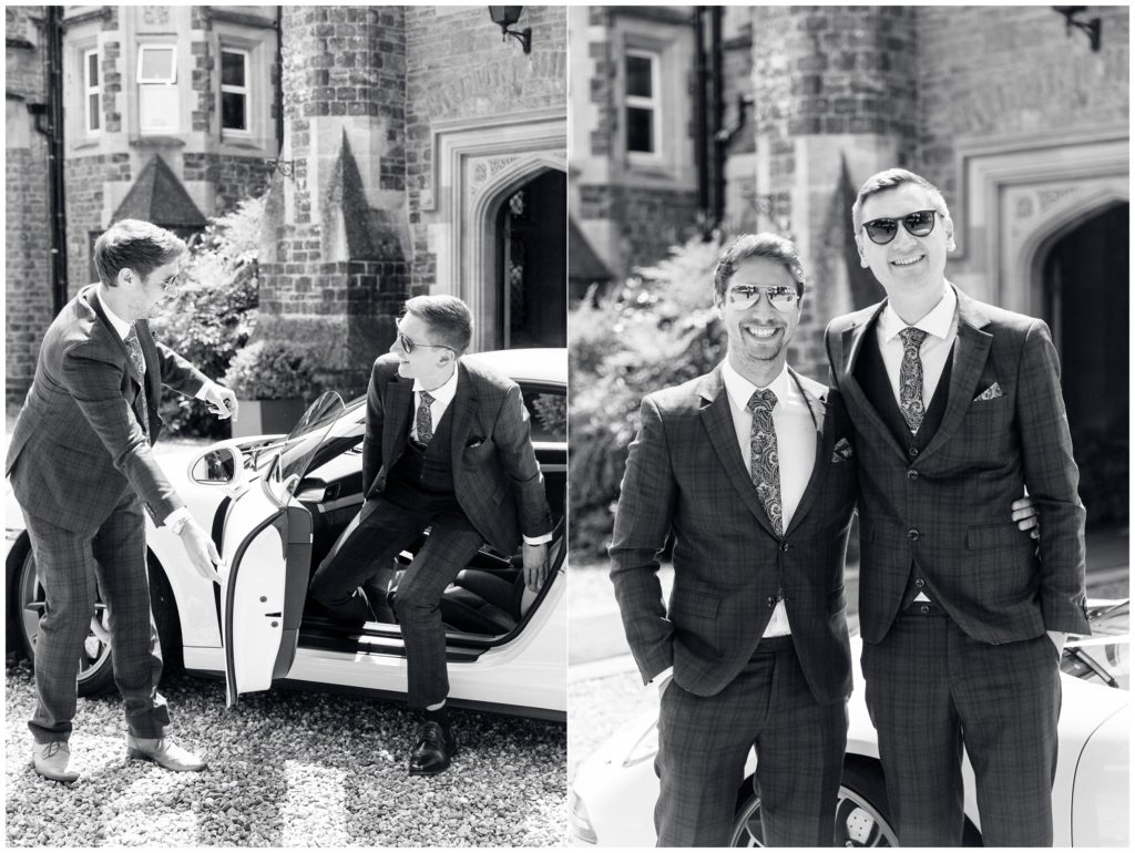 Groom and Bestman arrive in white Porsche outside Hartsfield Victorian Manor